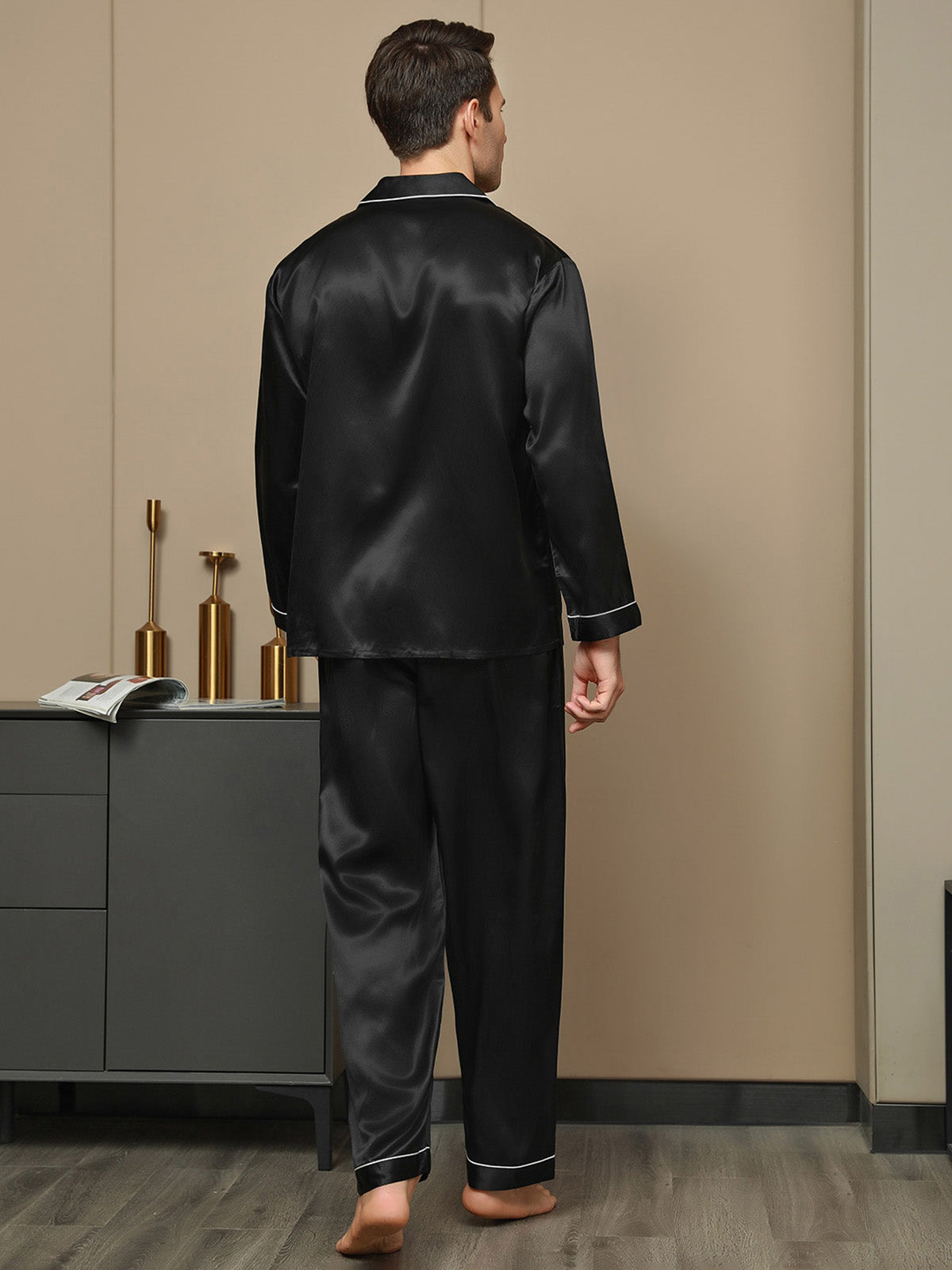 [Noir] SilkSilky-FR Manches longues Col Cranté Homme Pyjamas 002