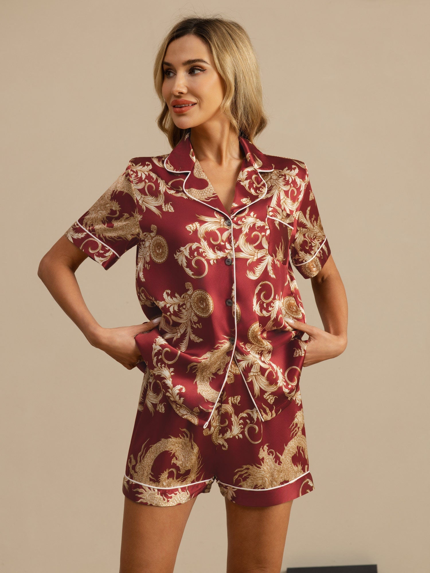 [Dragon Bordeaux] SilkSilky-FR Manches courtes Col Cranté Femme Pyjamas 003