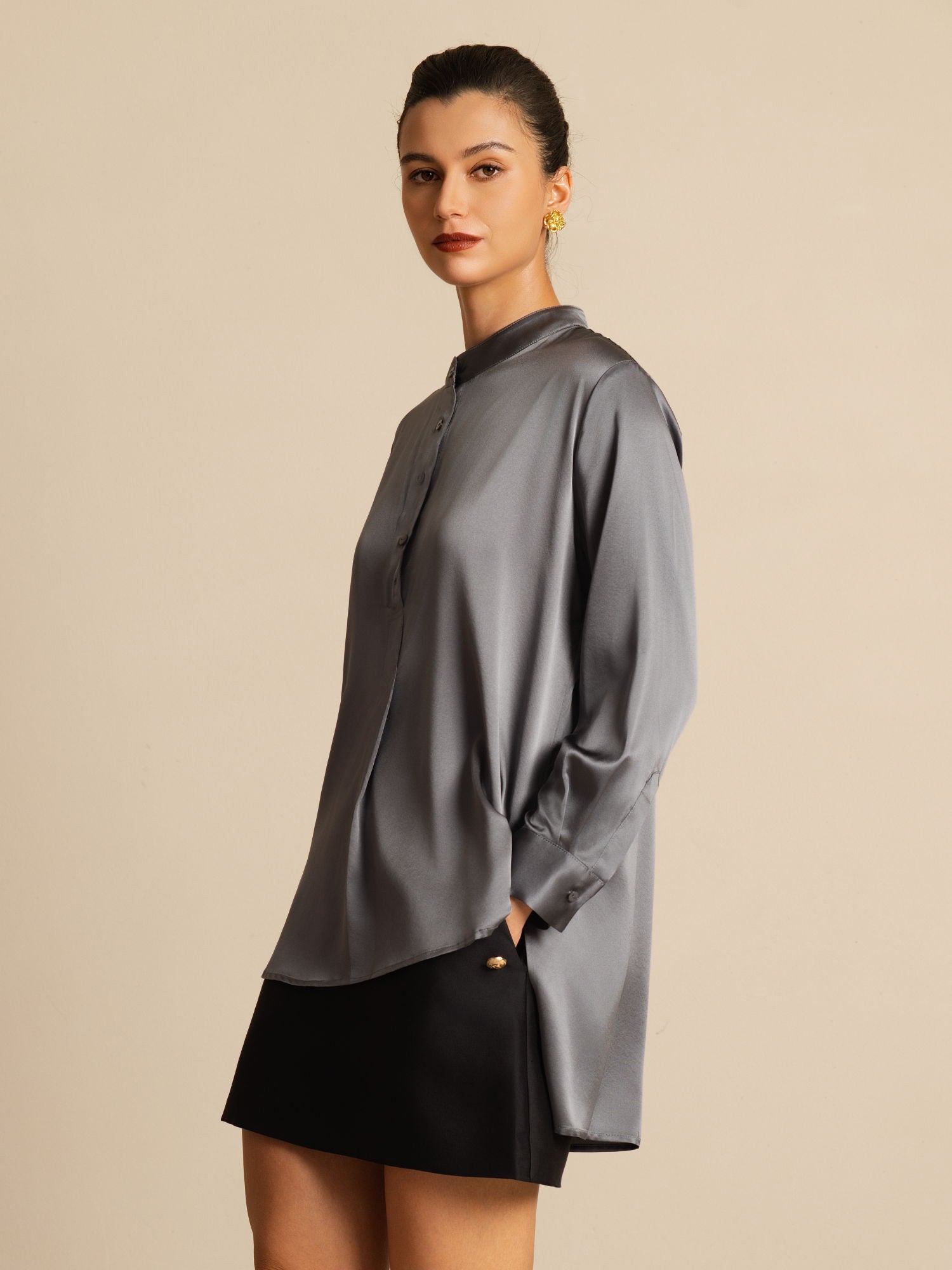 [Gris Foncé] SilkSilky-FR 19Momme Soie Manches longues Col Montant Blouse 006