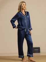 [Bleu Foncé] SilkSilky-FR Manches longues Col Cranté Femme Pyjamas 007