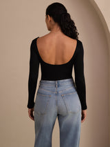 [Noir] SilkSilky-FR Long Sleeve Col en U Femme T-Shirt 002