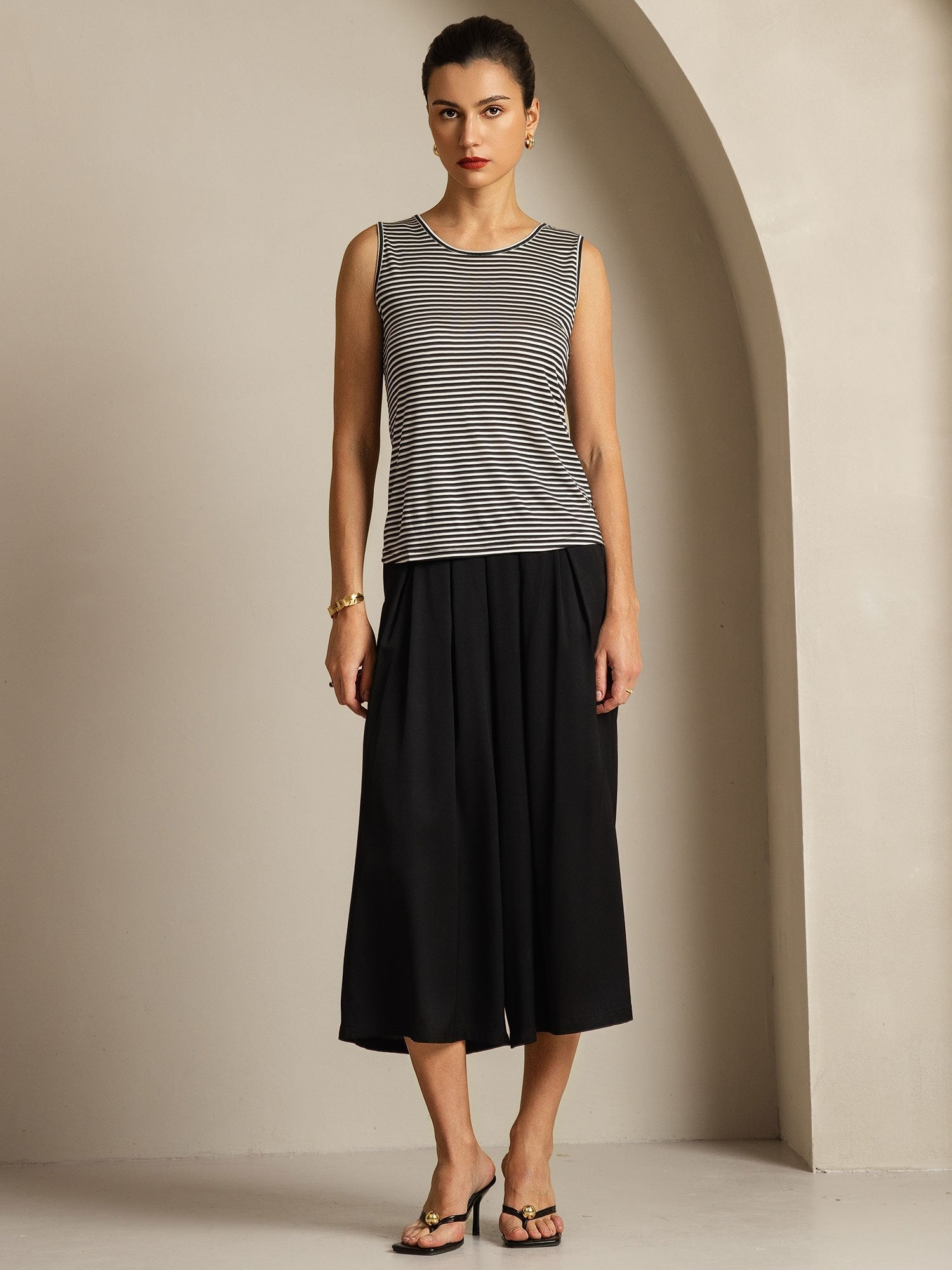 [Rayure Blanche] SilkSilky-FR Soie Sans manches Col Rond Top À Fines Brides 006