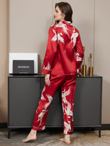 [Rouge Foncé] SilkSilky-FR Long Sleeve Lapel Collar Femme Pyjamas 006