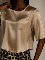 [Champagne] SilkSilky-FR Manches mi-longues Encolure Dégagée Femme T-Shirt 008