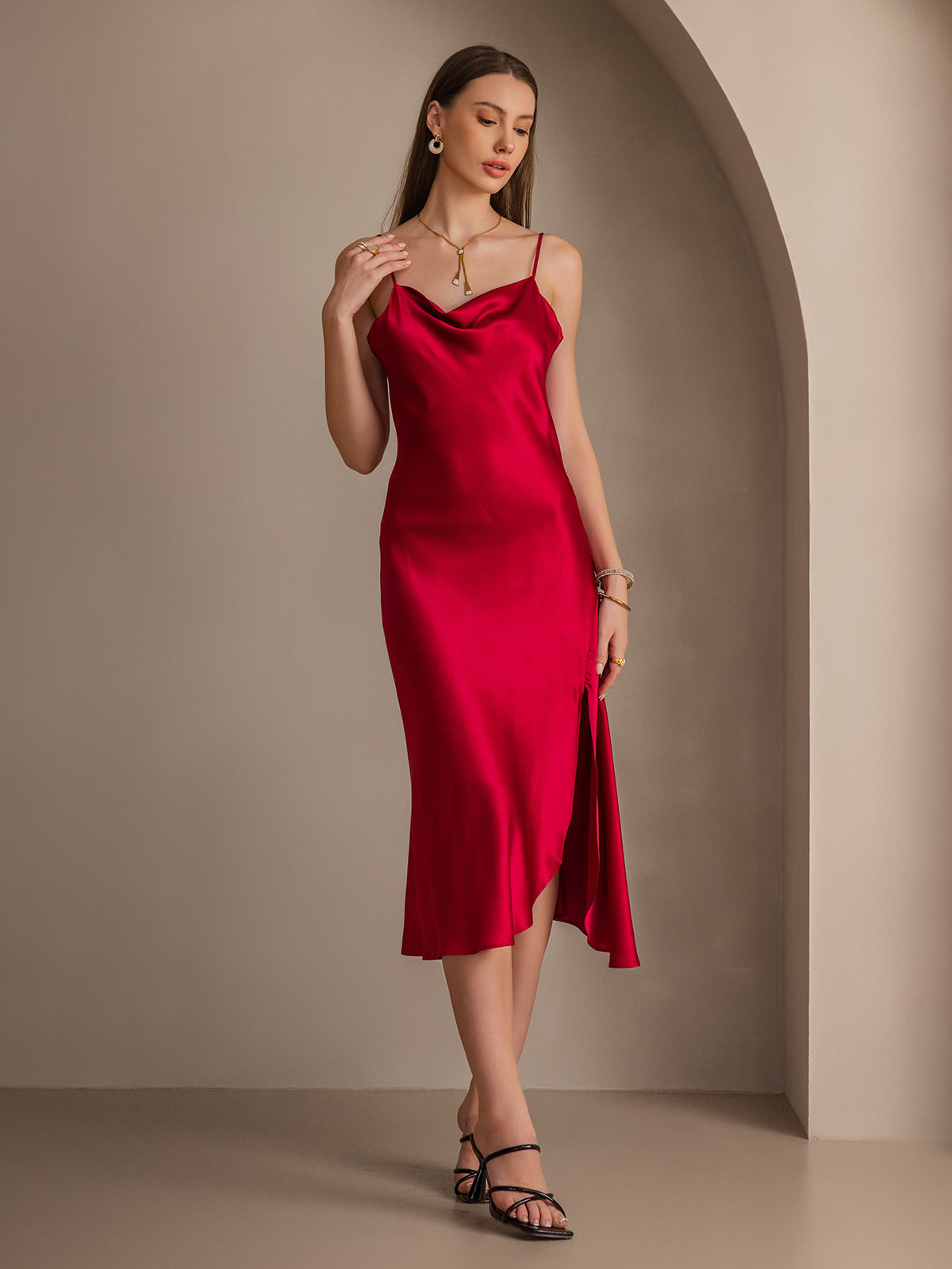 [Rouge Vineux] SilkSilky-FR 19Momme Pure Soie Col Bénitier Robes 005