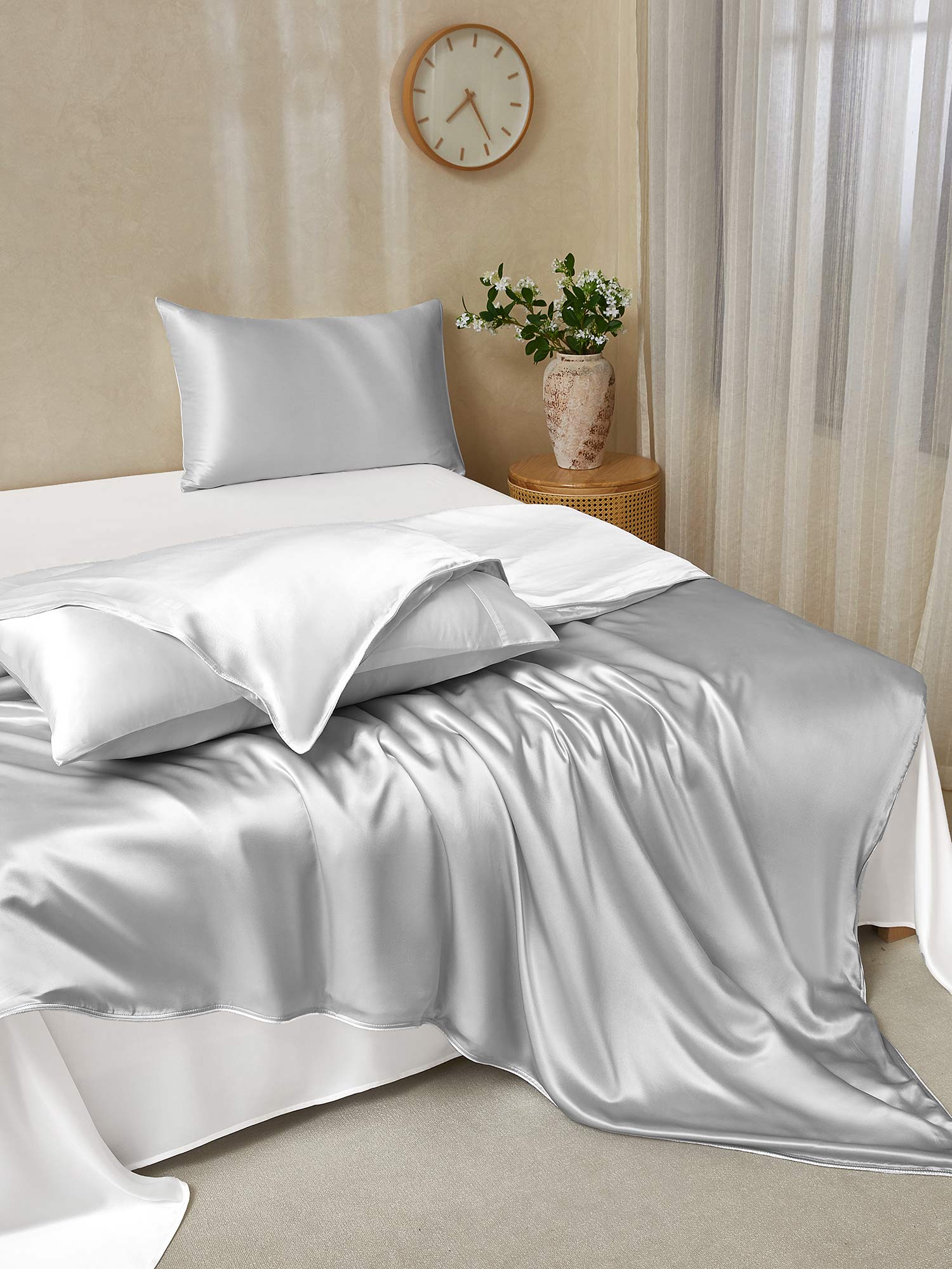 [GrisClair+Blanc] SilkSilky-FR 19Momme Pure Soie Bedding Set 003,