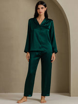 [Vert Foncé] SilkSilky-FR Long Sleeve Lapel Collar Femme Pyjamas 006