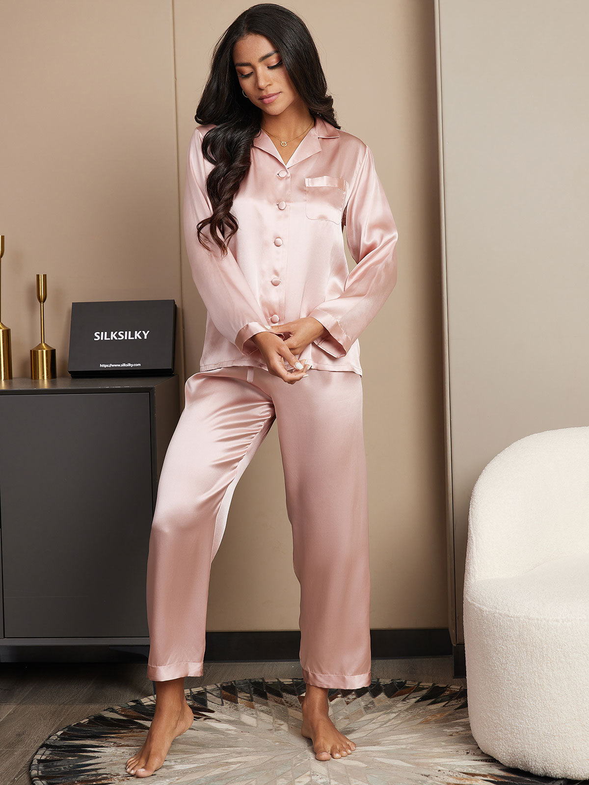 SilkSilky FR Pure Soie Manches longues Revers Femme Pyjamas Rose 004