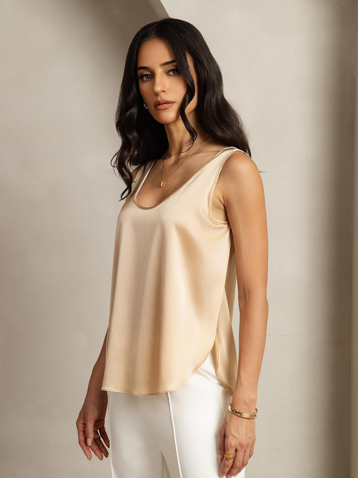 [Champagne] SilkSilky-FR 19Momme Soie Womens T-Shirt 001