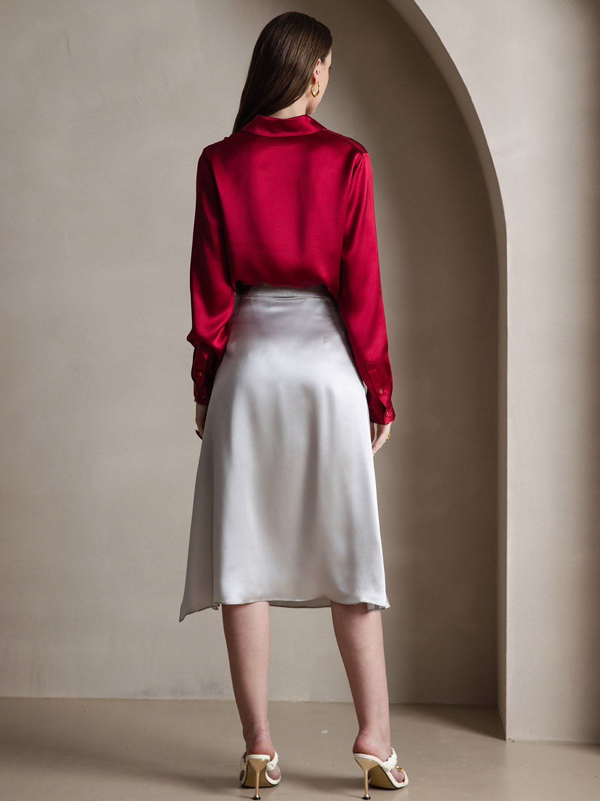 [Rouge Vineux] SilkSilky-FR 19Momme Soie Manches longues Col Chemise Femme Chemise 004