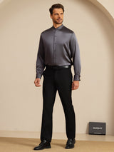 [Gris Foncé] SilkSilky-FR Long Sleeve Stand Collar Homme Chemise 008
