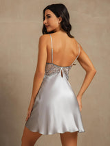 [Bleu Grisâtre] SilkSilky-FR Sleeveless Deep V Neck Chemises de nuit 002