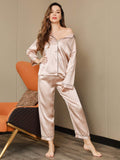 SilkSilky FR Pure Soie Manches longues Revers Femme Pyjamas Rose 012