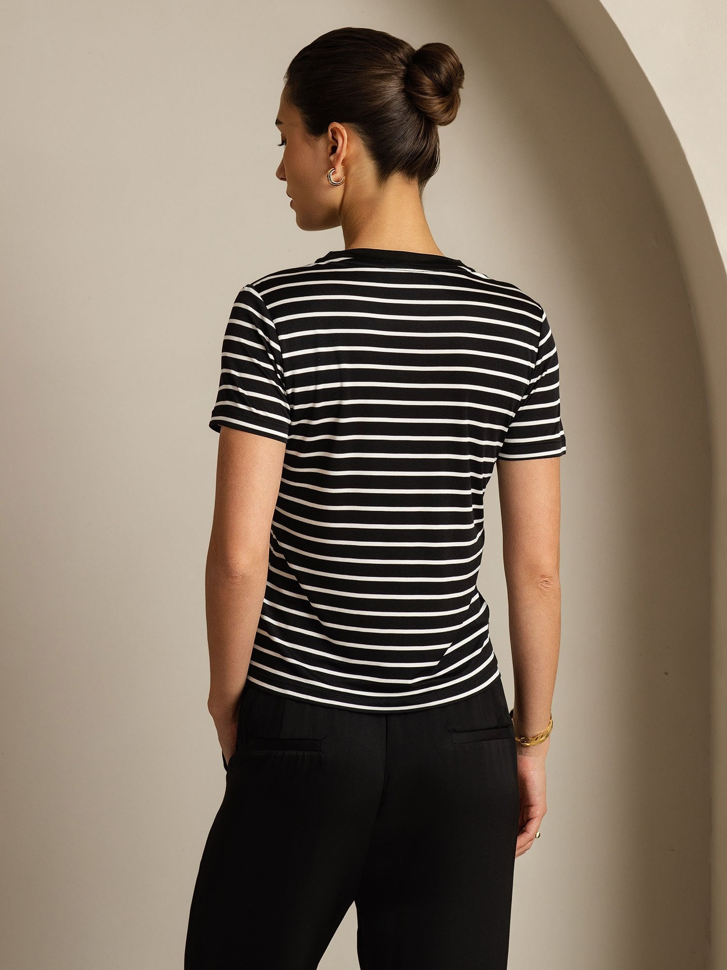 [RayureNoire] SilkSilky-FR Soie Col Rond Femme T-Shirt 002