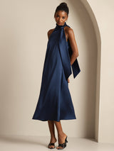 [Bleu Foncé] SilkSilky-FR Sleeveless Tie Neck Robes 003