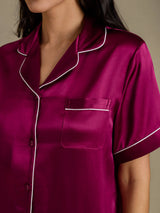 [Fuchsia] SilkSilky-FR Short Sleeve Lapel Collar Femme Pyjamas 004