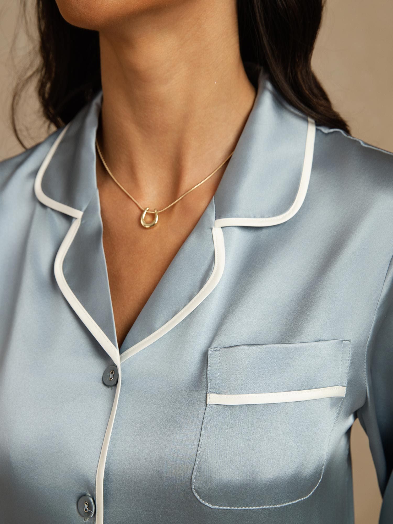 [BleuGrisâtre] SilkSilky-FR Soie Col Chemise Femme Pyjamas 004