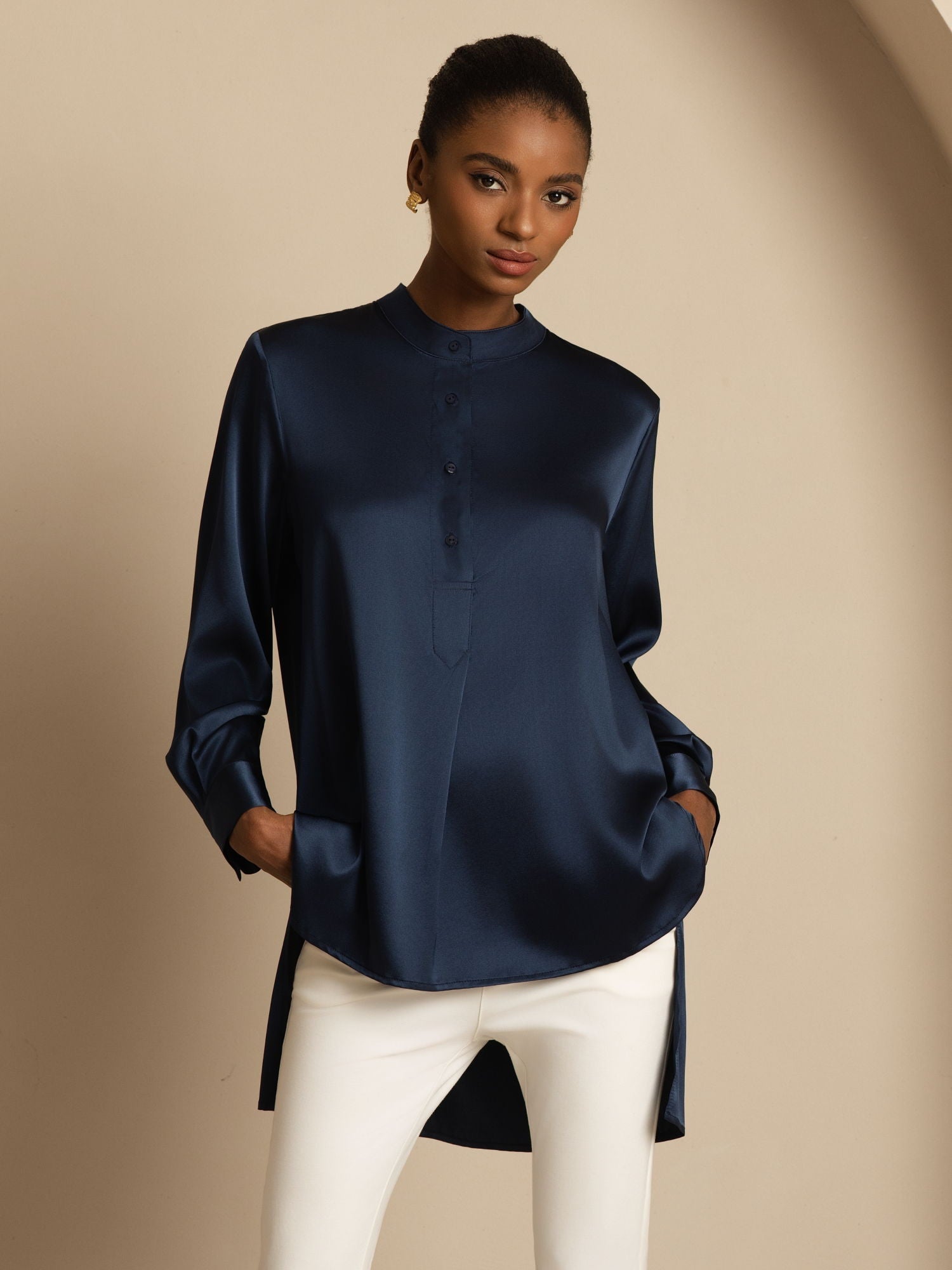 [Bleu Foncé] SilkSilky-FR 19Momme Soie Manches longues Col Montant Blouse 007