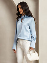 [Bleu Grisâtre] SilkSilky-FR 19Momme Soie Womens Shirt 007