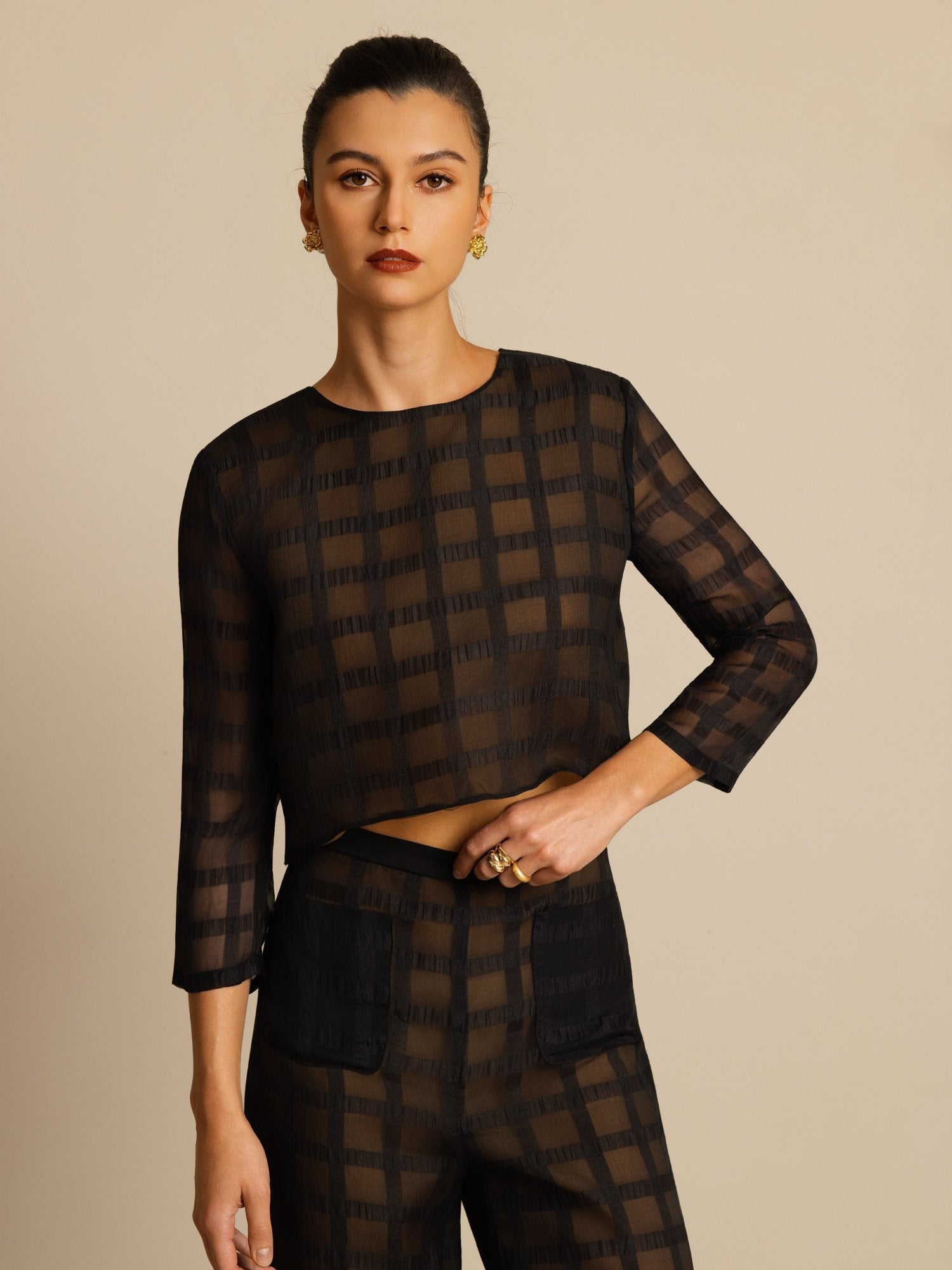 [Noir] SilkSilky-FR Soie Manches longues Col Rond Women''s Outfit Sets 006