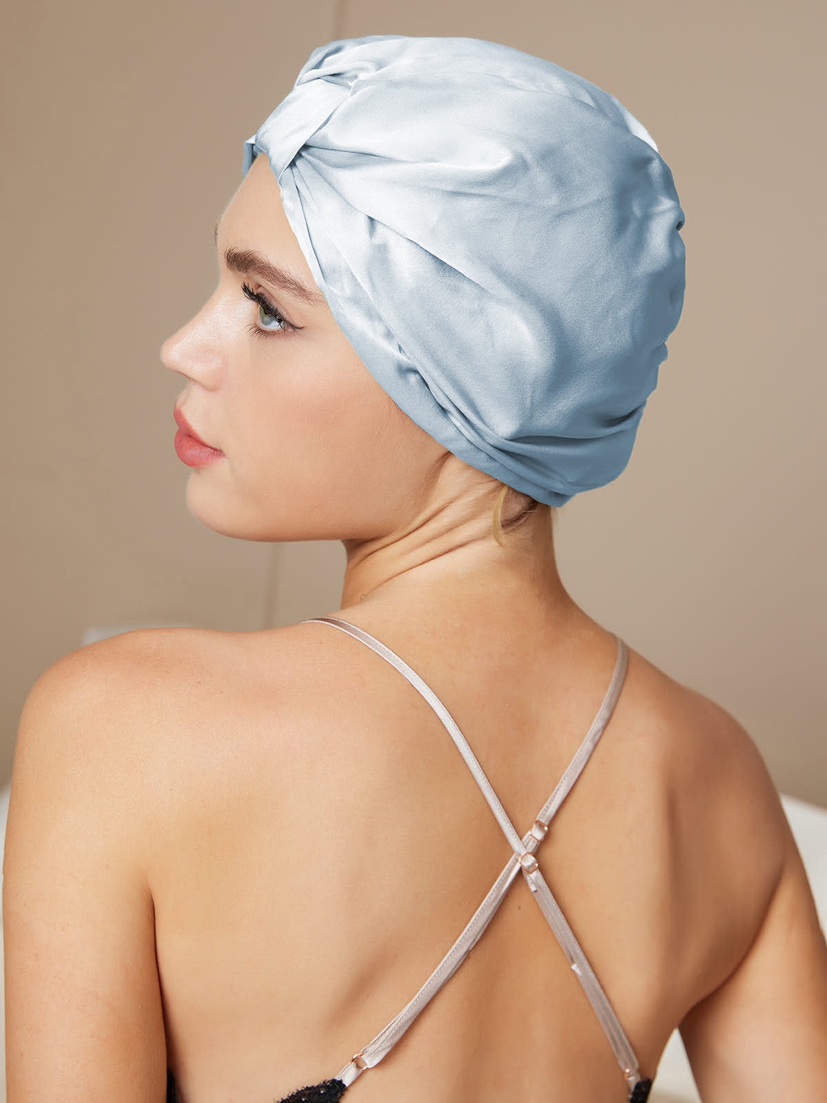 [Bleu Clair] SilkSilky-FR Pure Soie Sleep Cap 002