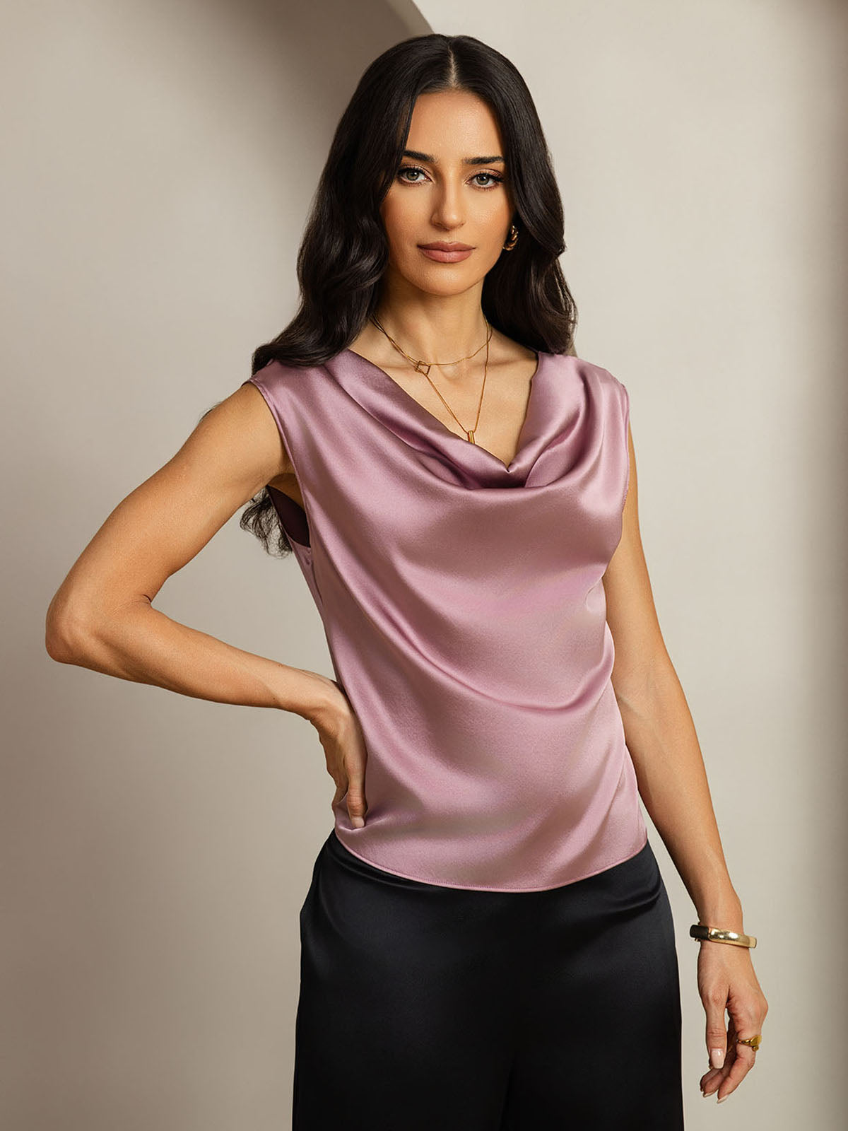 [Mauve Pâle] SilkSilky-FR 19Momme Soie Sans manches Col Bénitier Femme T-Shirt 001