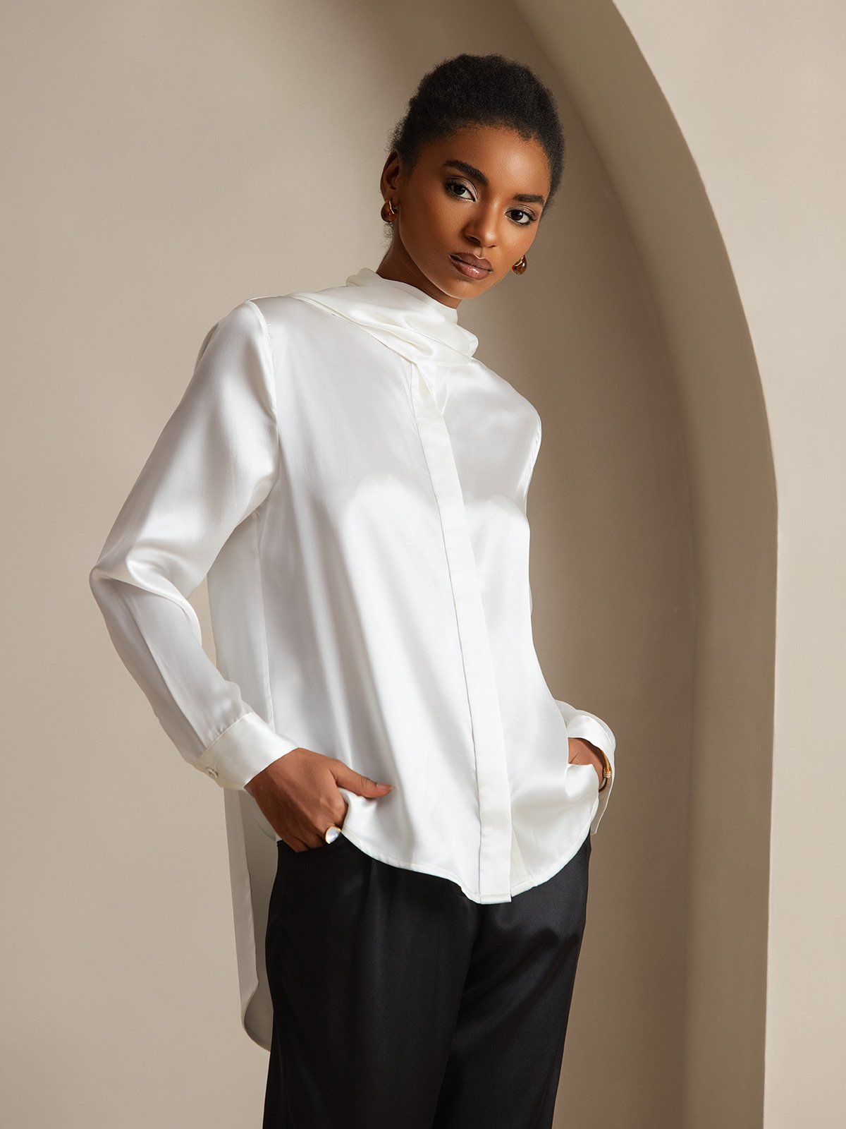 [Blanc] SilkSilky-FR 19Momme Soie Womens Shirt 005