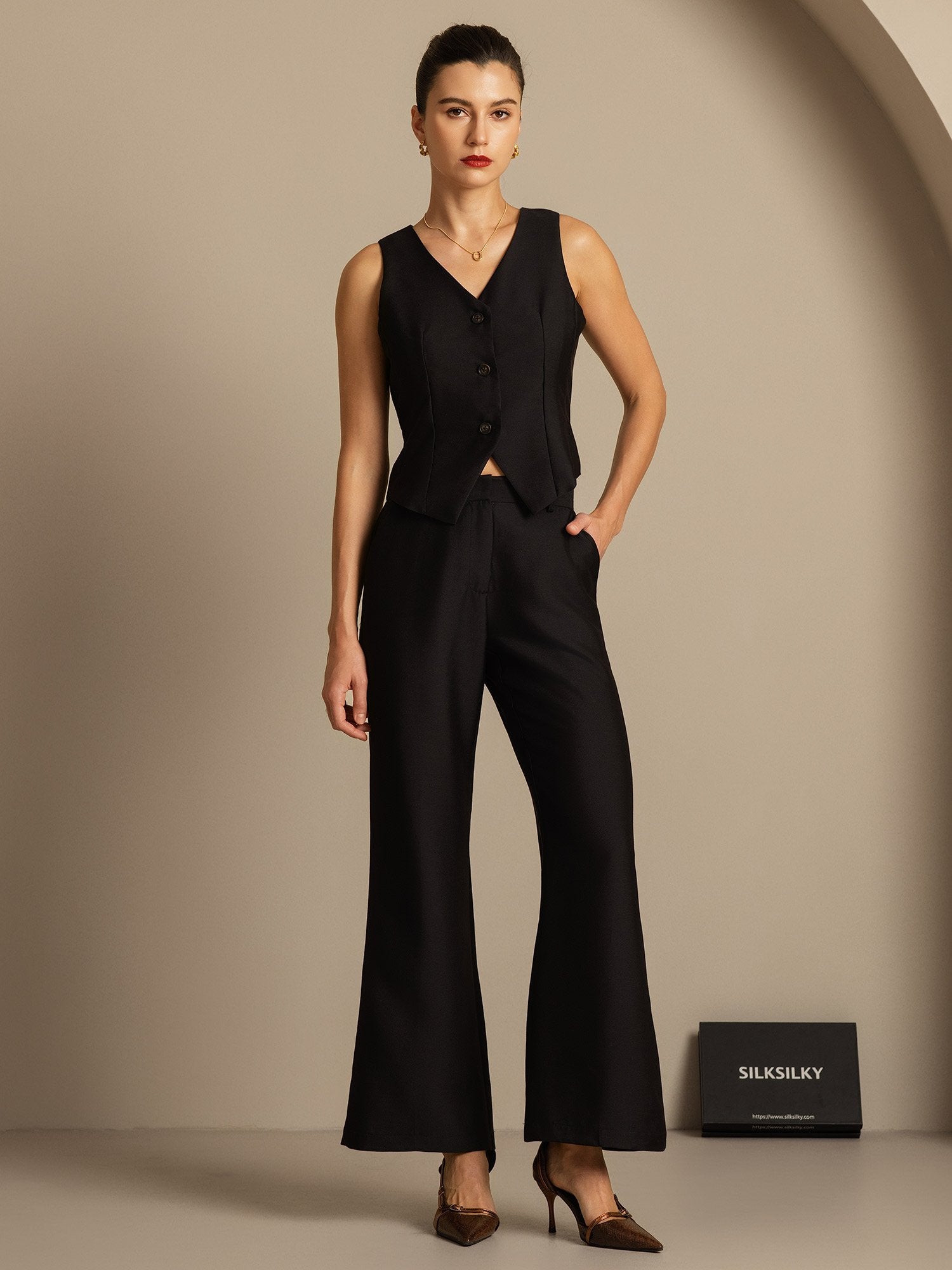 [Noir] SilkSilky-FR 32Momme Soie Womens Pants 004,