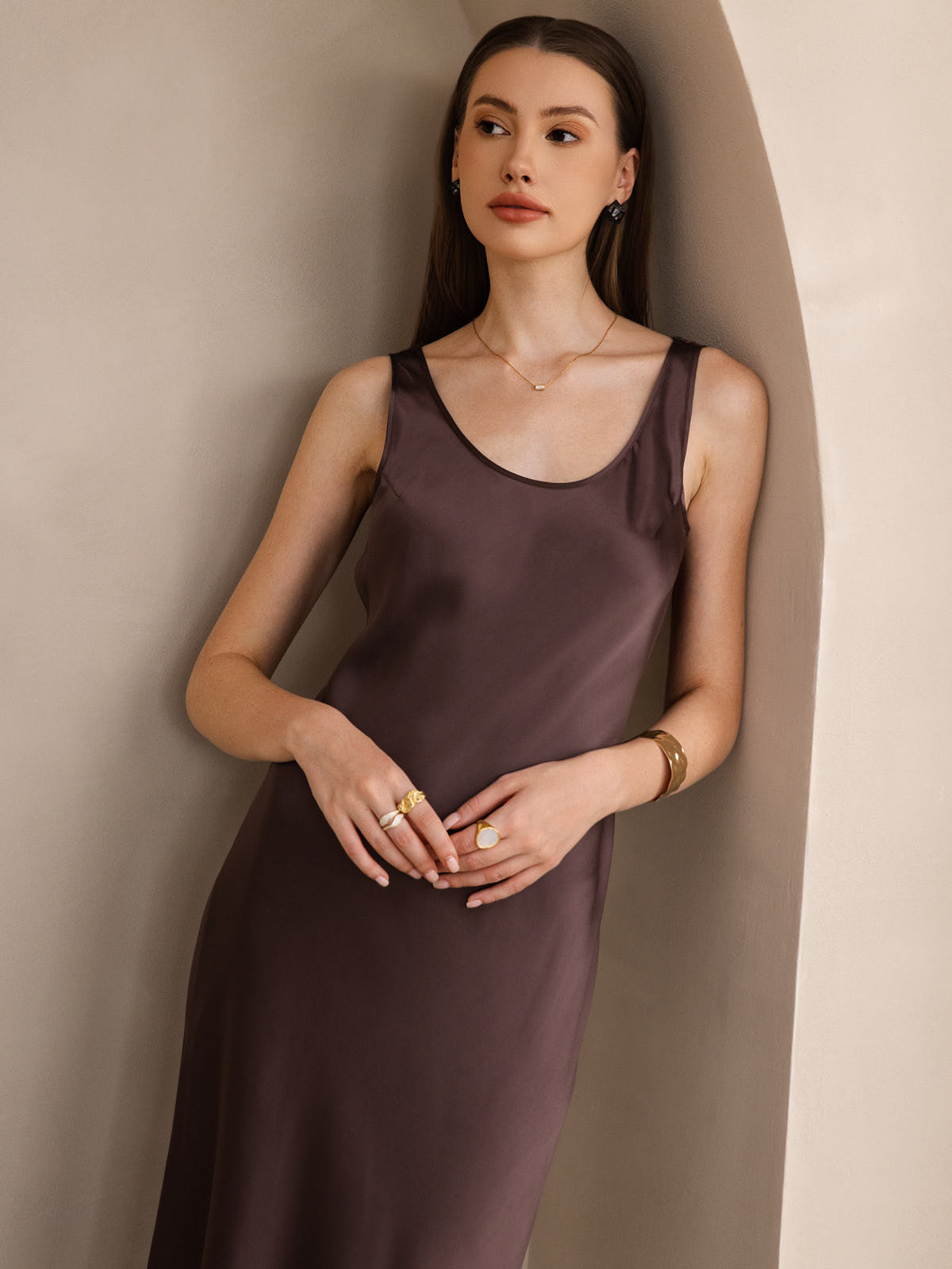 [Café] SilkSilky-FR Pure Soie Col Bateau Robes 003