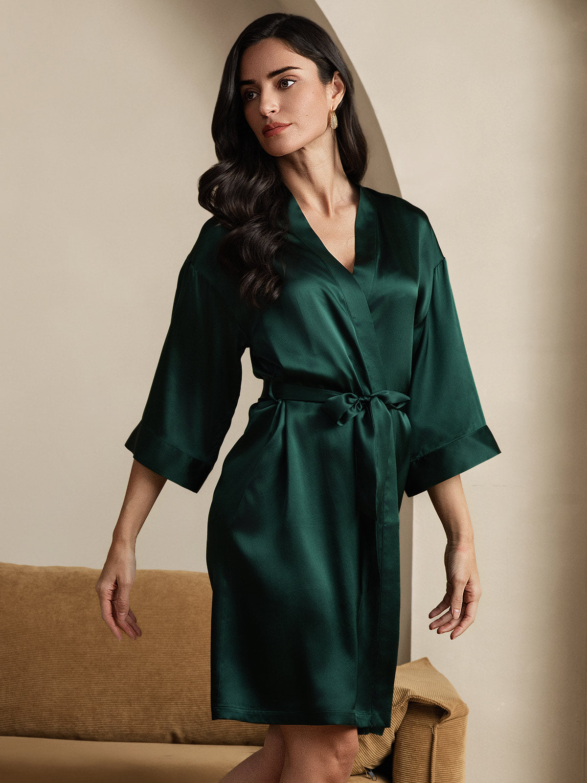 [Vert Foncé] SilkSilky-FR Trois-quart Femme Peignoir 001