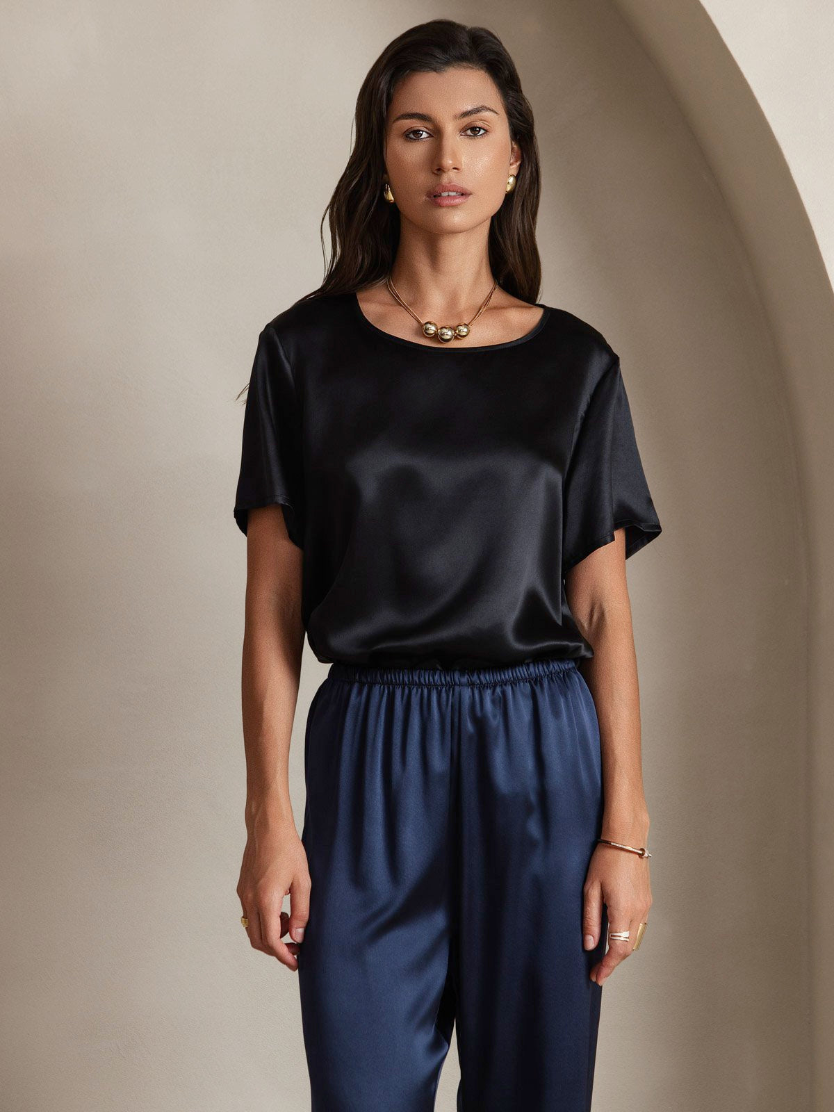 SilkSilky-FR Pure Soie Manches courtes Col Rond Femme T-Shirt Noir 003