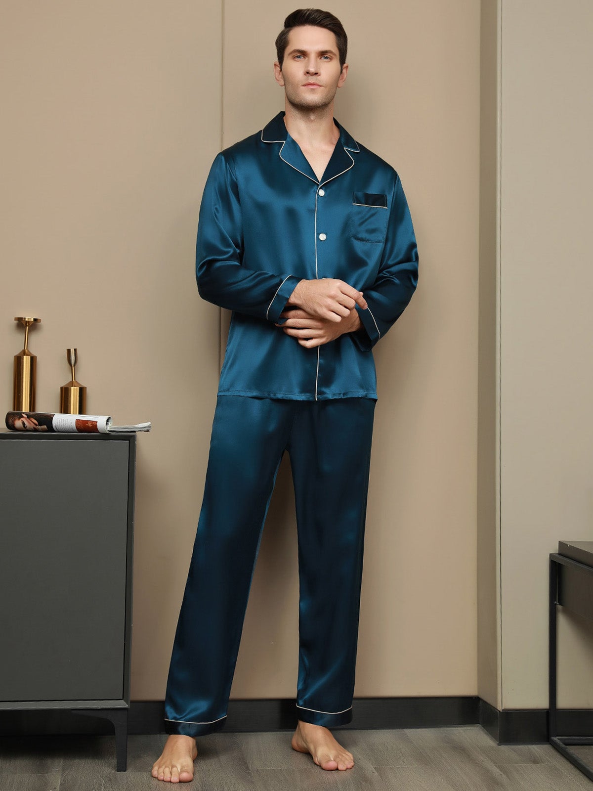 [Bleu Royal] SilkSilky-FR 19Momme Pure Soie Mens Pajamas 001