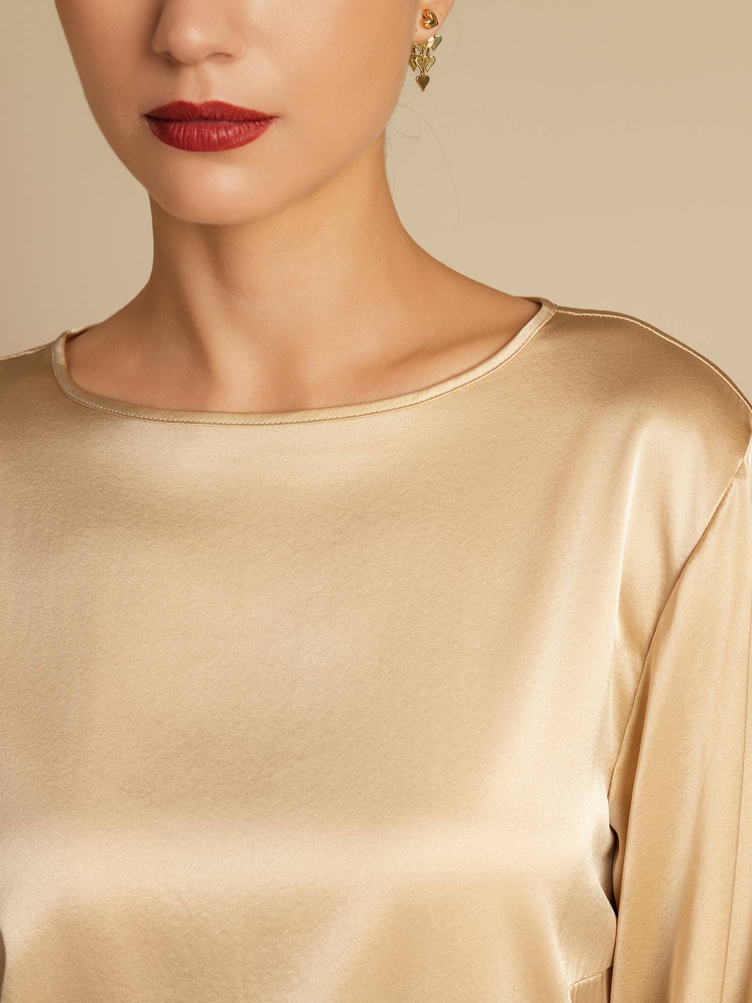 [Champagne] SilkSilky-FR 19Momme Soie Col Rond Femme T-Shirt 007,