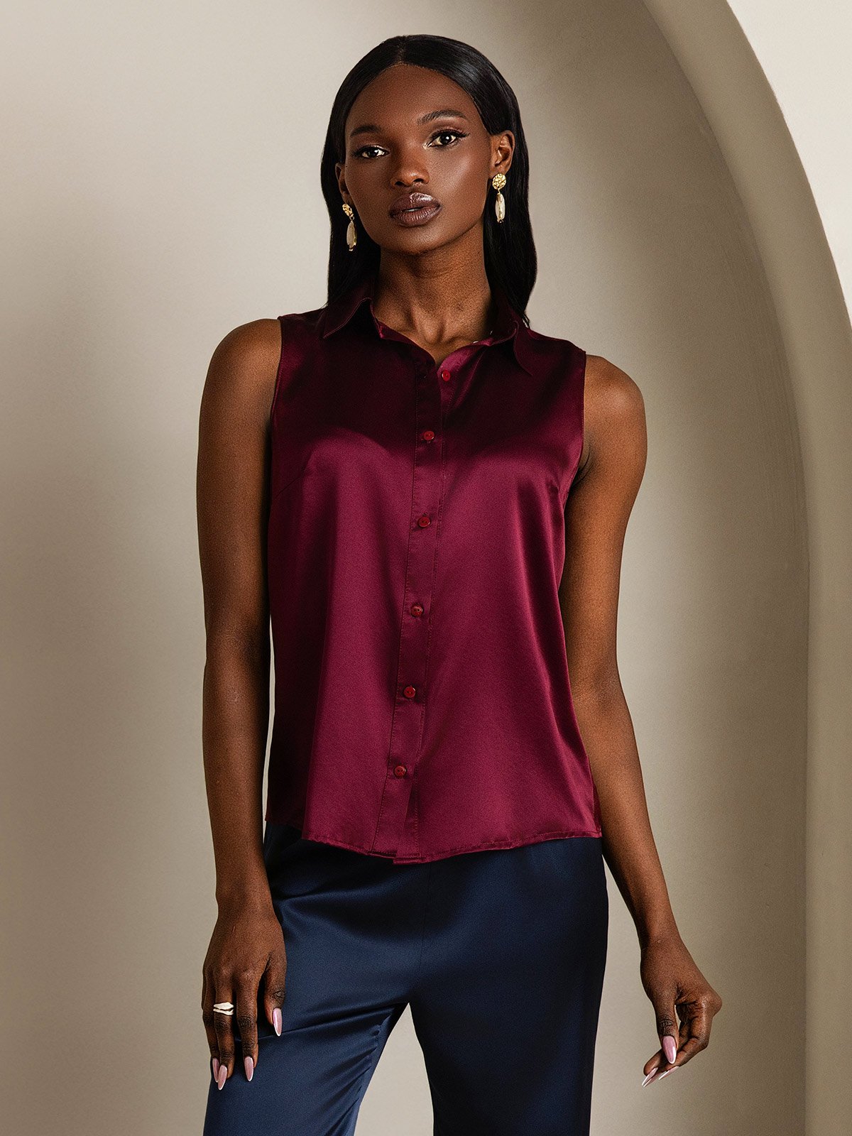 SilkSilky-FR 19Momme Soie Sans manches Col Chemise Femme Chemise RougeFoncé 001