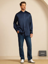 [Bleu Foncé] SilkSilky-FR Long Sleeve Stand Collar Homme Chemise 008