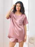 SilkSilky-FR Pure Soie Manches courtes Col Rond Femme Pyjamas MauvePâle 003