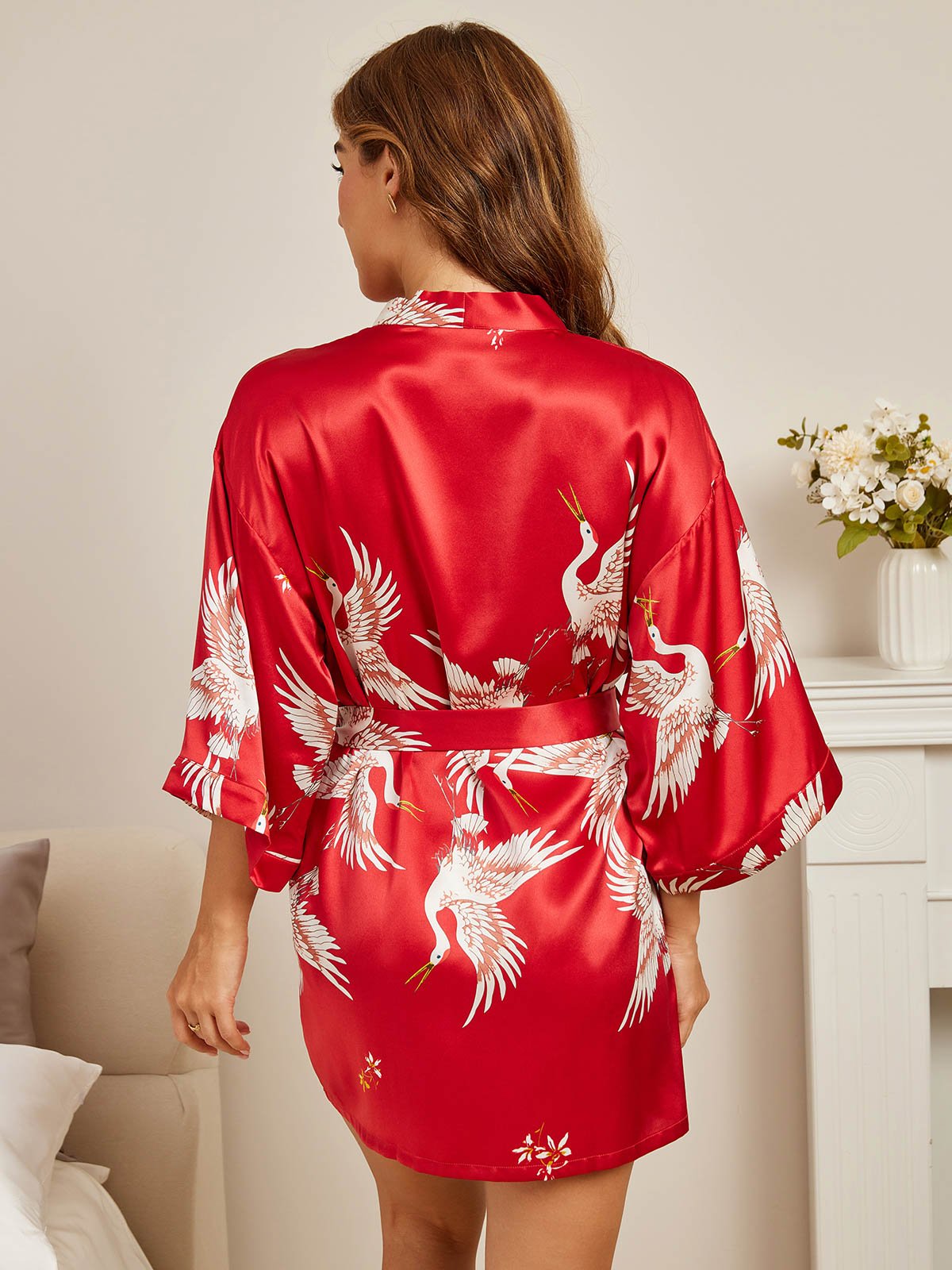 [Rouge Foncé] SilkSilky-FR 3/4 Sleeve Femme Peignoir 002