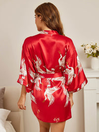 Vue de dos robe kimono soie grue rouge ceinture