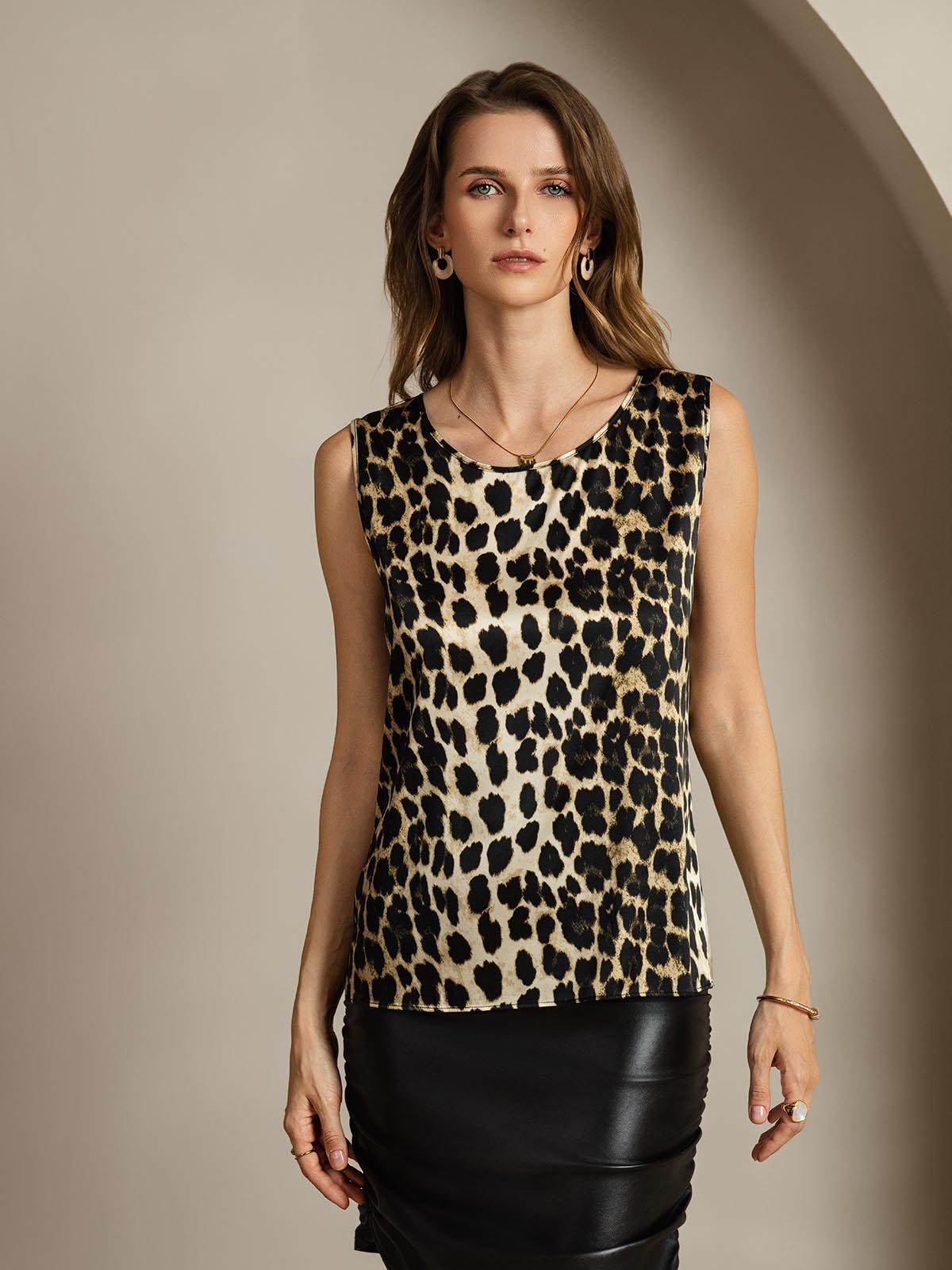 [Leopard] SilkSilky-FR 19Momme Soie Col Rond Top À Fines Brides 003