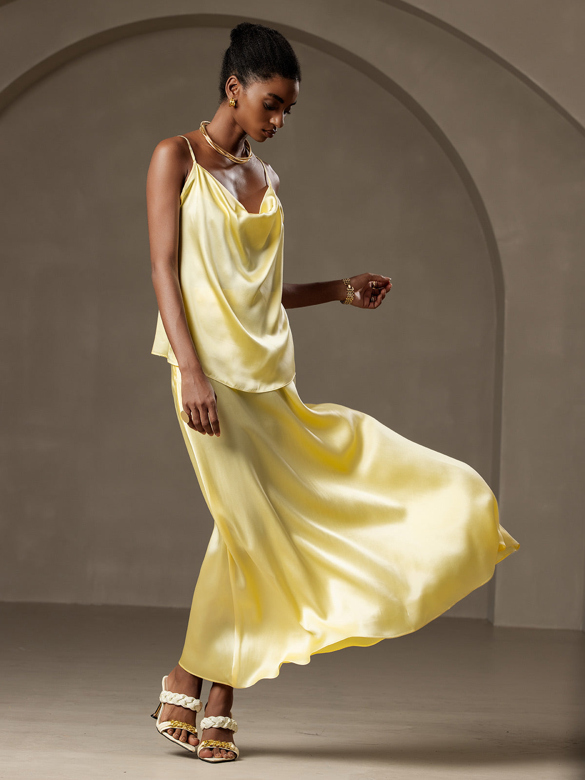 [Jaune Clair] SilkSilky-FR 19Momme Soie Skirt 006