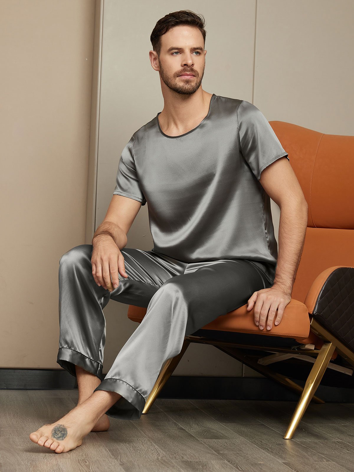 SilkSilky FR Pure Soie Manches courtes Col Rond Homme Pyjamas GrisFoncé 004