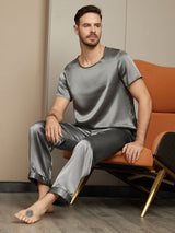 [Gris Foncé] SilkSilky-FR Pure Soie Manches courtes Col Rond Homme Pyjamas 004