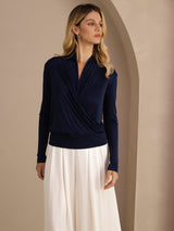 [Bleu Foncé] SilkSilky-FR Long Sleeve Blouse 001