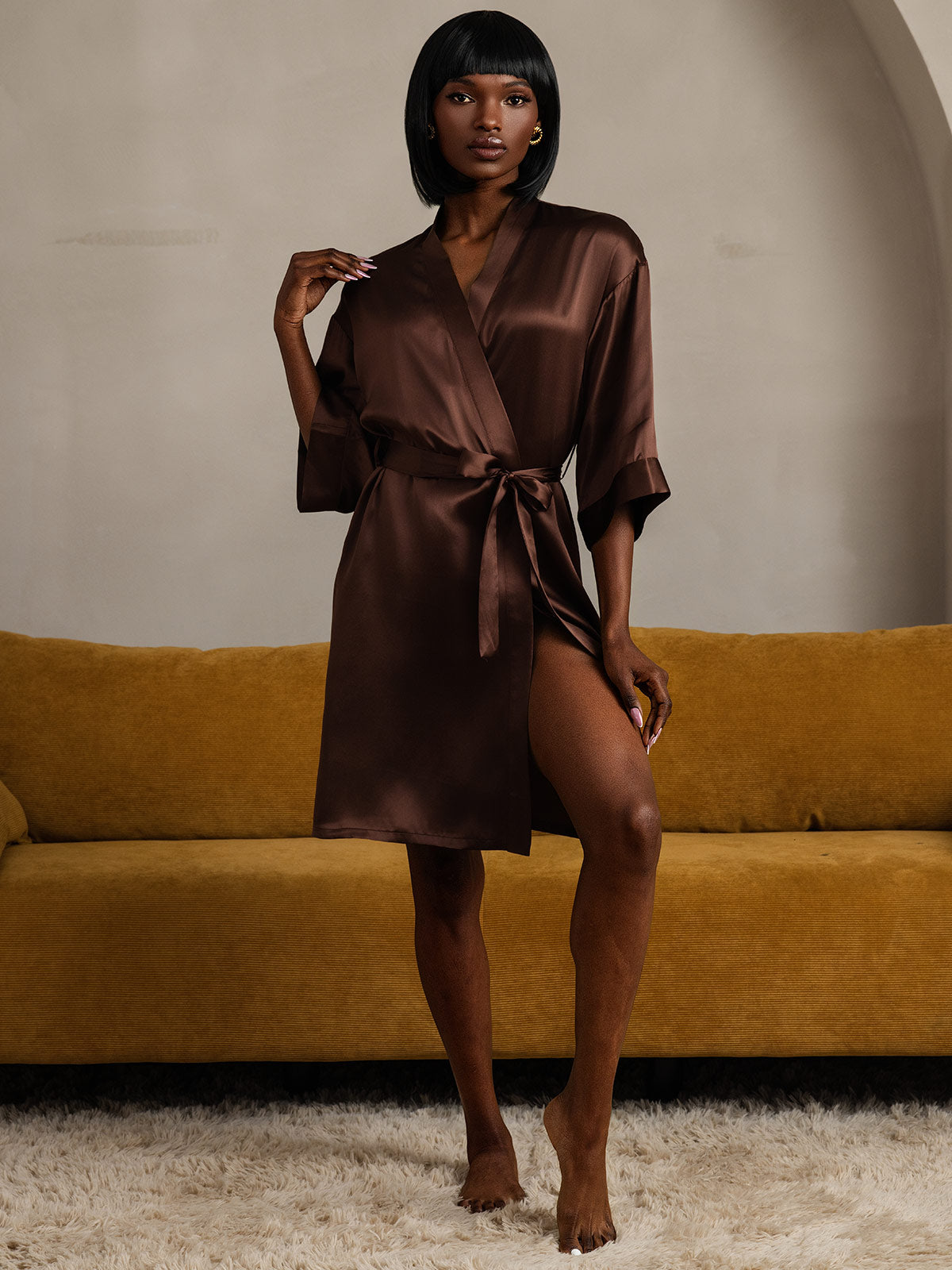 [Café] SilkSilky-FR Pure Soie Womens Robe 009