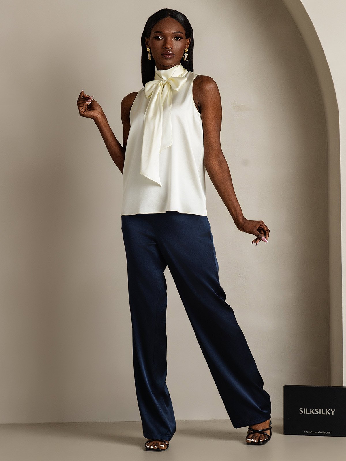 SilkSilky-FR 19Momme Soie Nœud à l'encolure Femme Chemise Ivory 007
