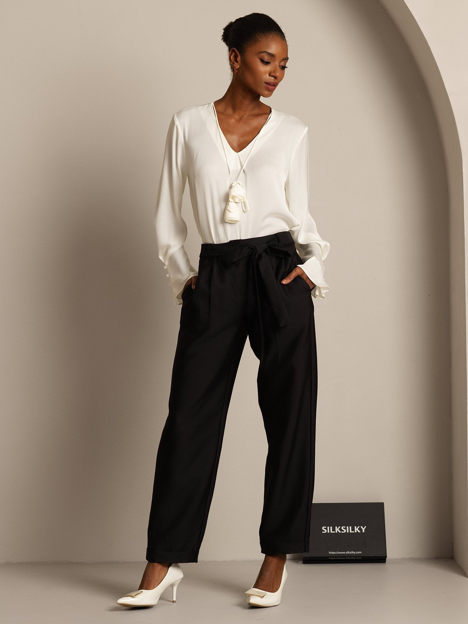 [Noir] SilkSilky-FR 32Momme Soie Womens Pants 007,