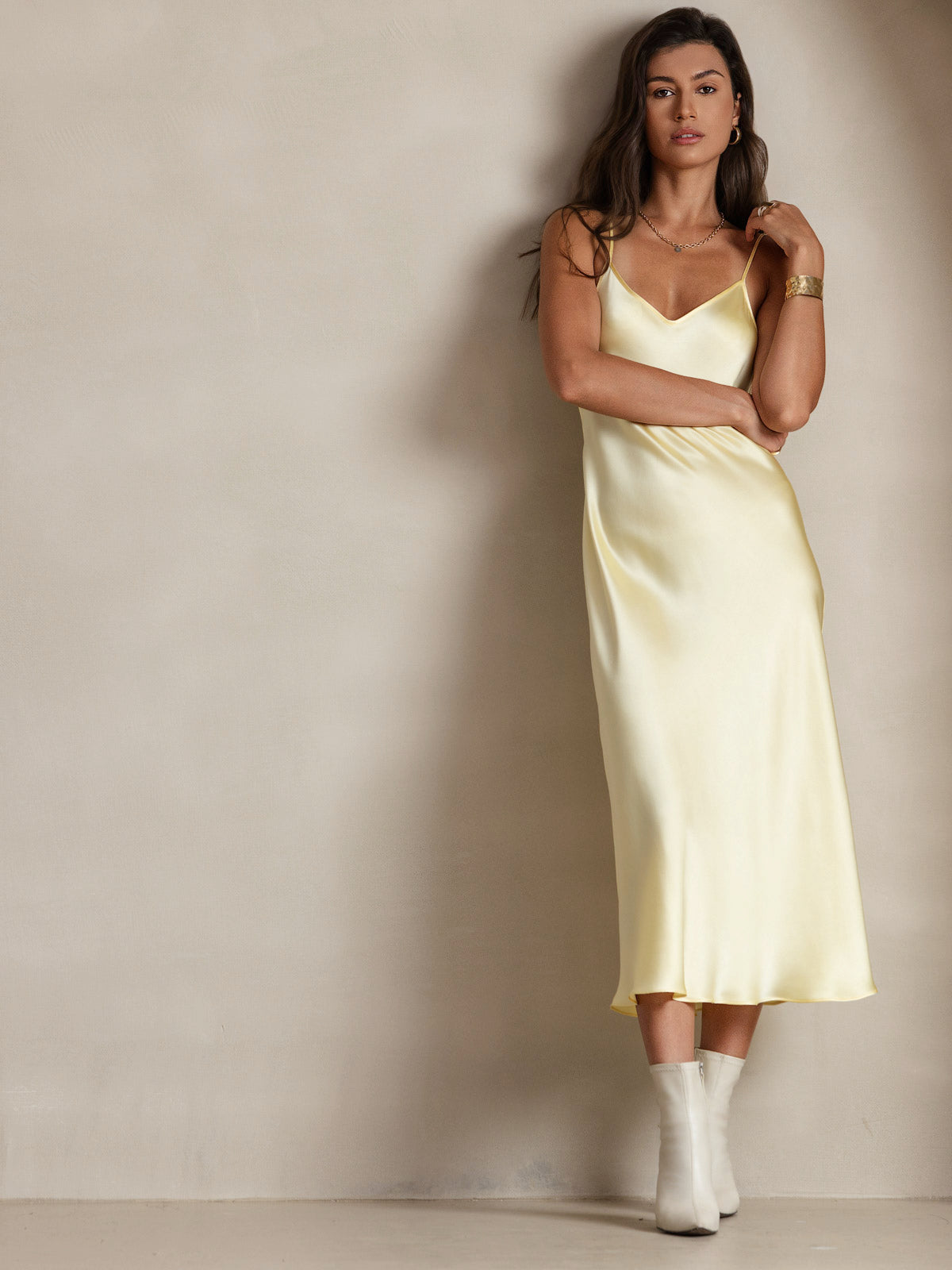 [Jaune Clair] SilkSilky-FR Pure Soie Col Rond Chemises de nuit 005