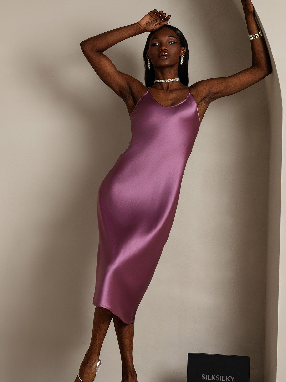 [Violet Foncé] SilkSilky-FR Pure Soie Col Bateau Chemises de nuit 001