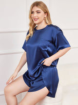[Bleu Foncé] SilkSilky-FR Pure Soie Manches courtes Col Rond Femme Pyjamas grandes tailles 004