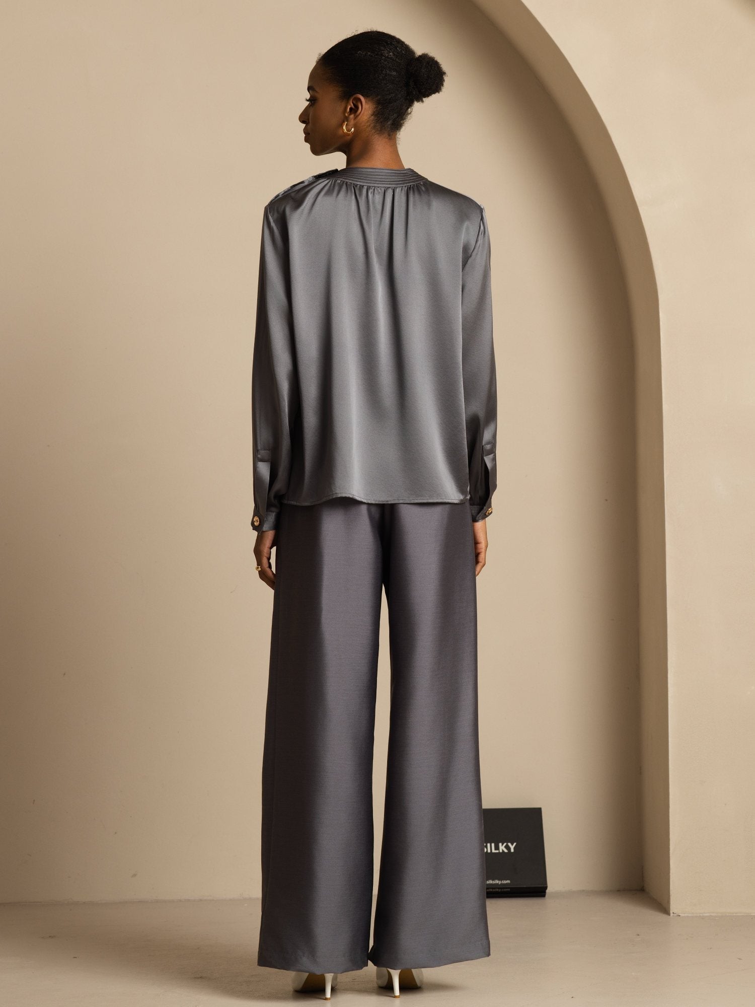 [GrisFoncé] SilkSilky-FR 19Momme Soie Manches longues Col Rond Blouse 002